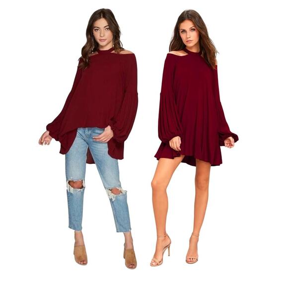Free People Drift Away Burgundy Cold Shoulder Tunic Top Women’s Size Small - Picture 1 of 16
